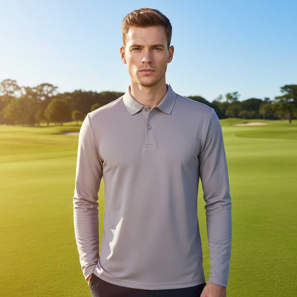 Aqua Wool Men's Snap Buttons Long Sleeve Polo Shirt