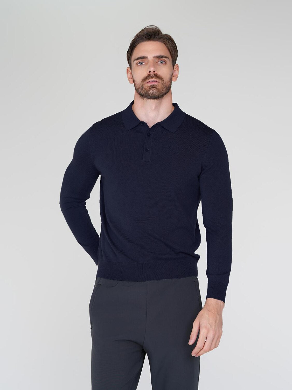 Aqua Wool Men's Long Sleeve Polo Shirt