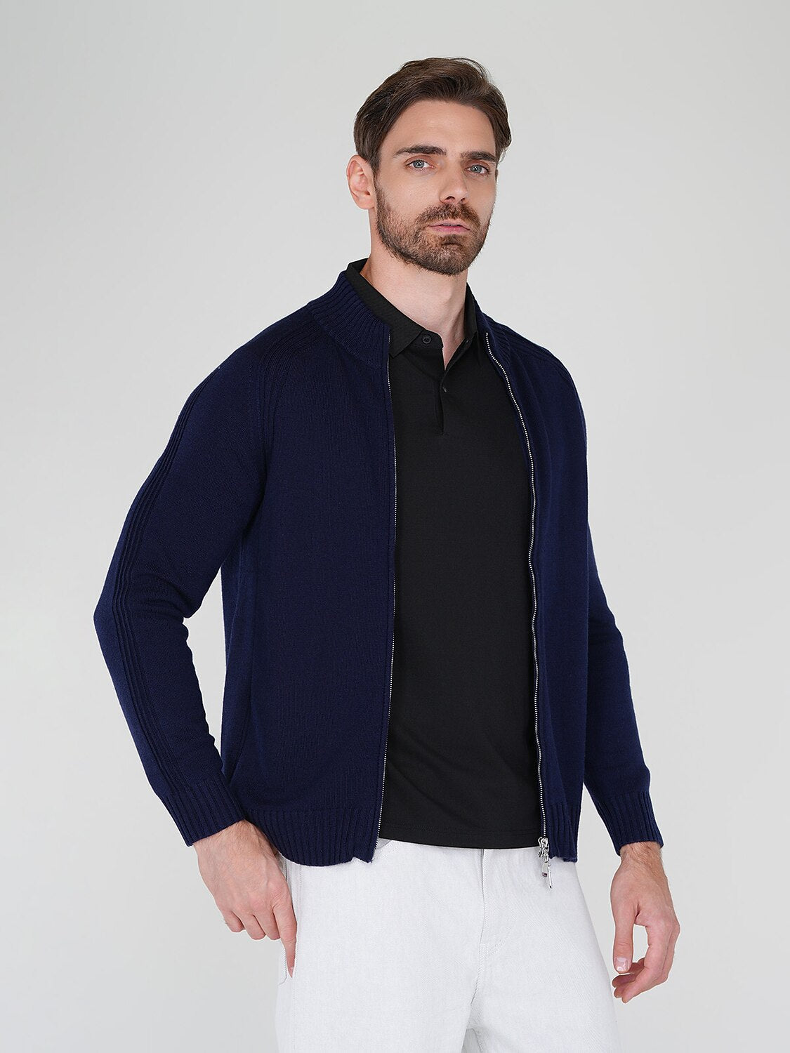 Aqua Wool Men's Dual-Zip Long Sleeve Sweater