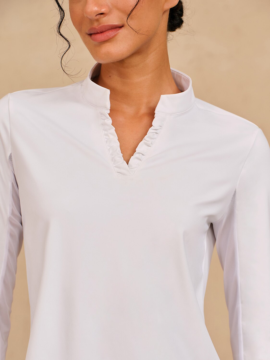 More Than Basic Ruffle V-Neck Mesh Polo Top UPF50+