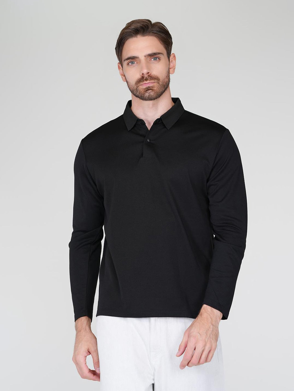 Aqua Wool Men's Snap Buttons Long Sleeve Polo Shirt