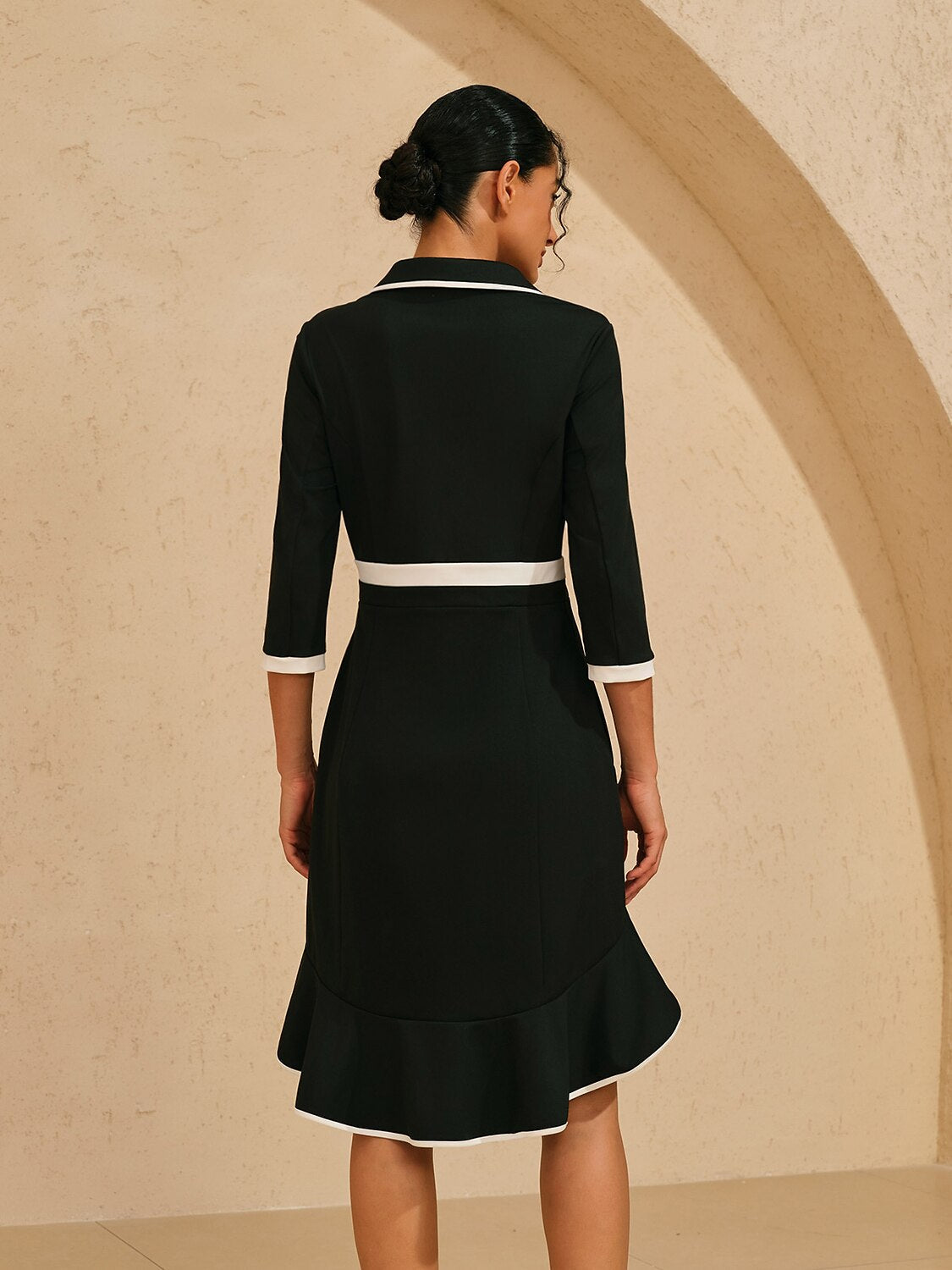 More Than Basic 3/4 Sleeve Asymmetrical Ruffle 36.5 Inch Dress