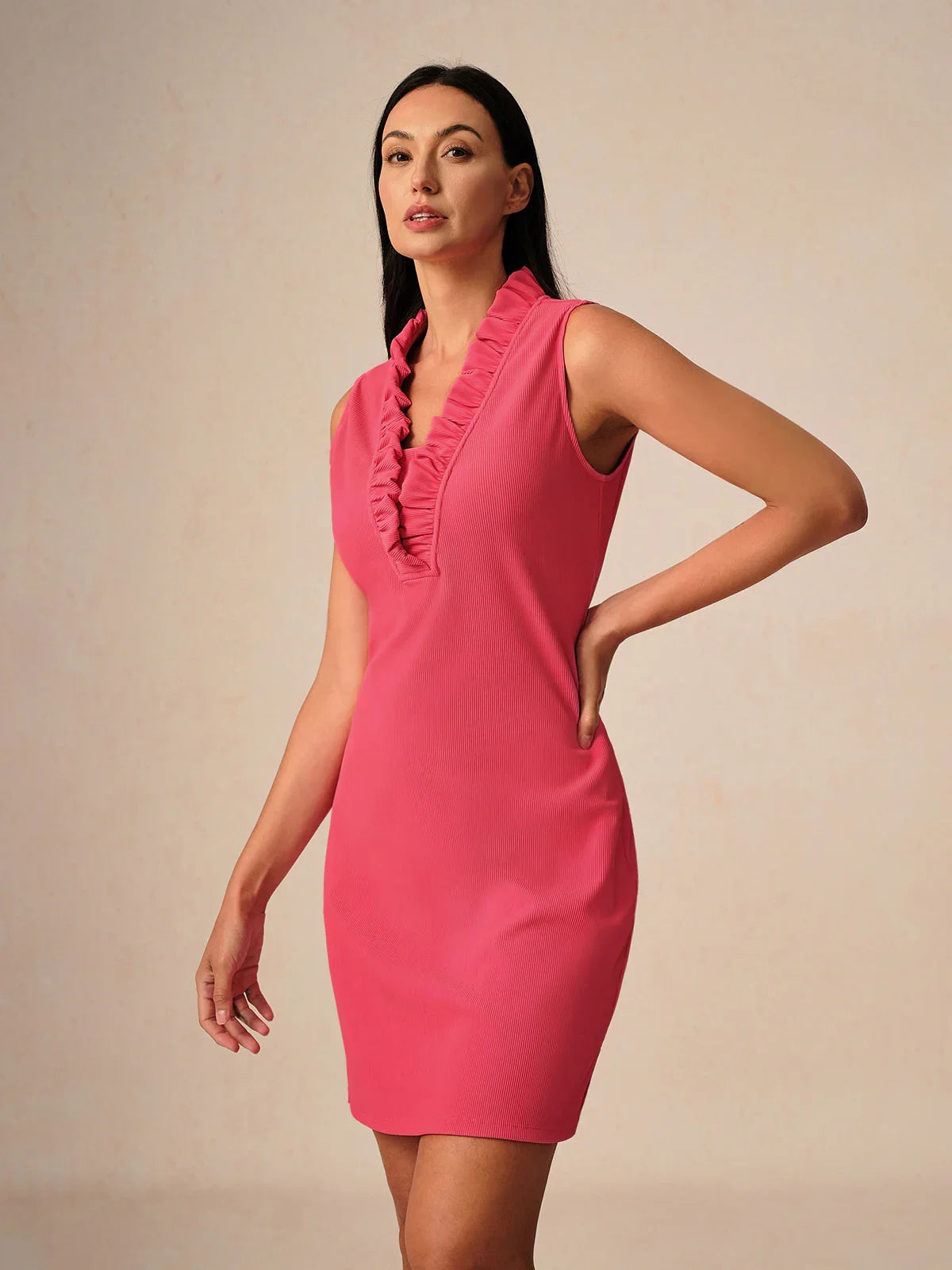 More Than Basic Sleeveless V Neck Ruffle Dress UPF50+