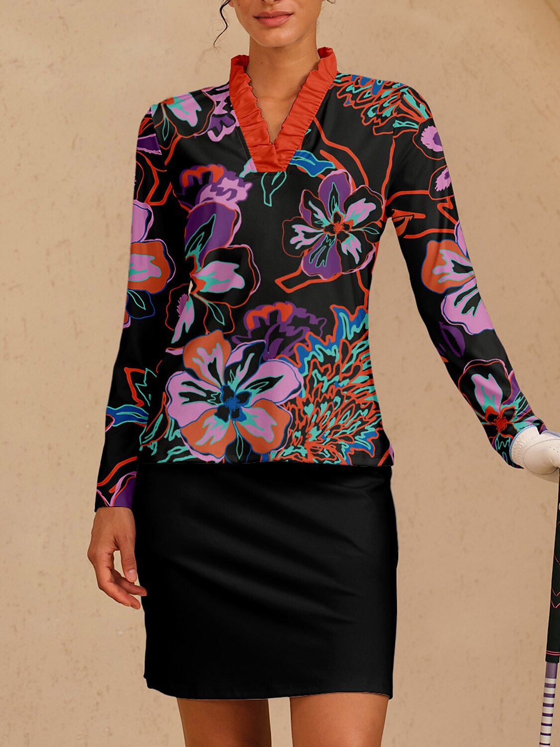 Botanical Energy Ruffle V-Neck Silky Polo Top UPF50+